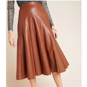 Anthropologie Maeve Mariska Brown Faux Leather Midi Flared Skirt